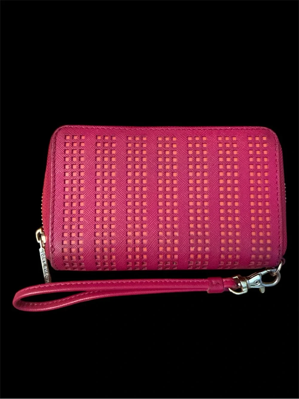 Tory Burch Fuchsia Perforated Leather Wristlet Wallet with Logo Medallion
